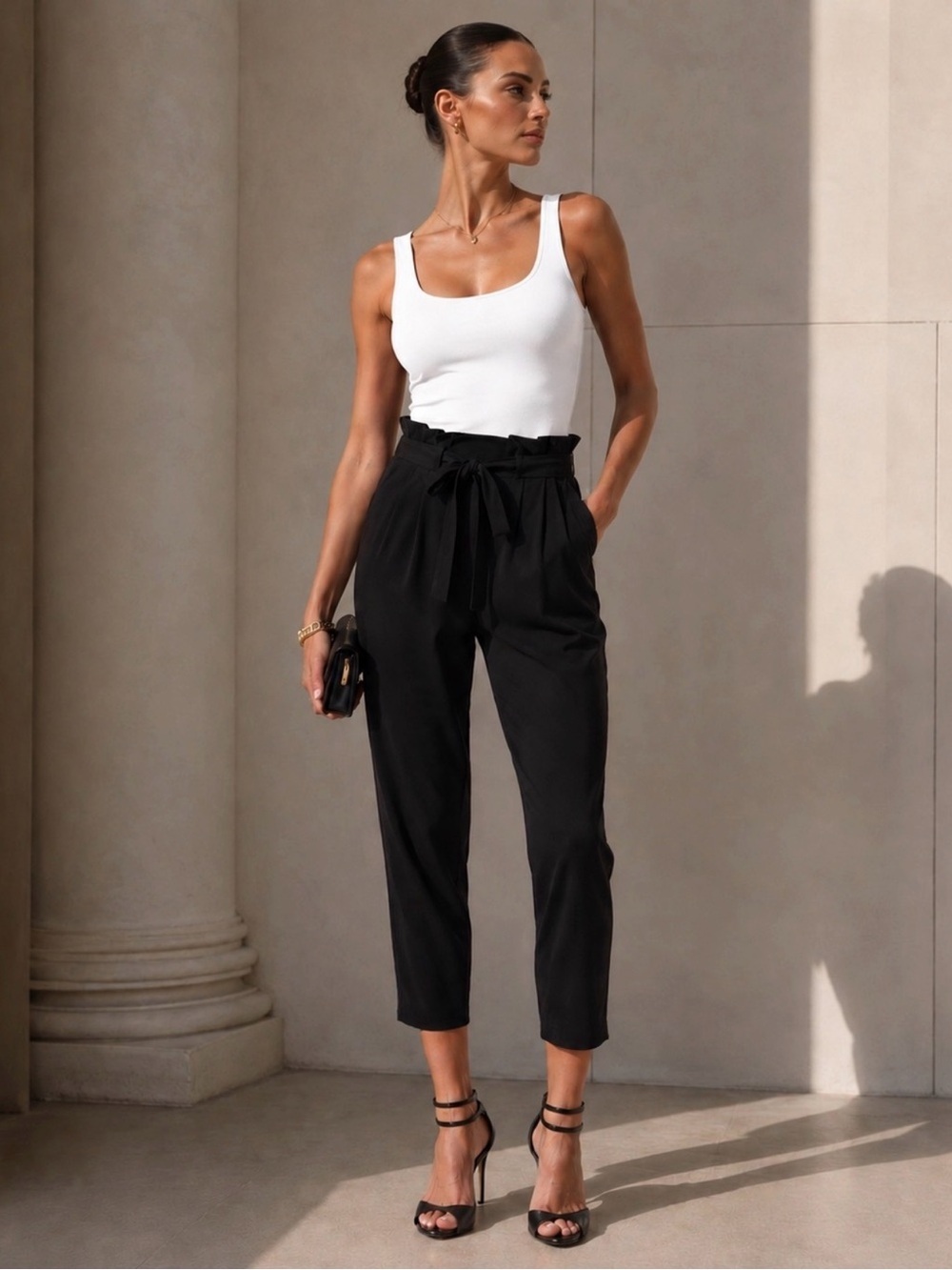 Ramy Brook Black Satin Cargo Pants Paperbag Waist Tie Belt Small